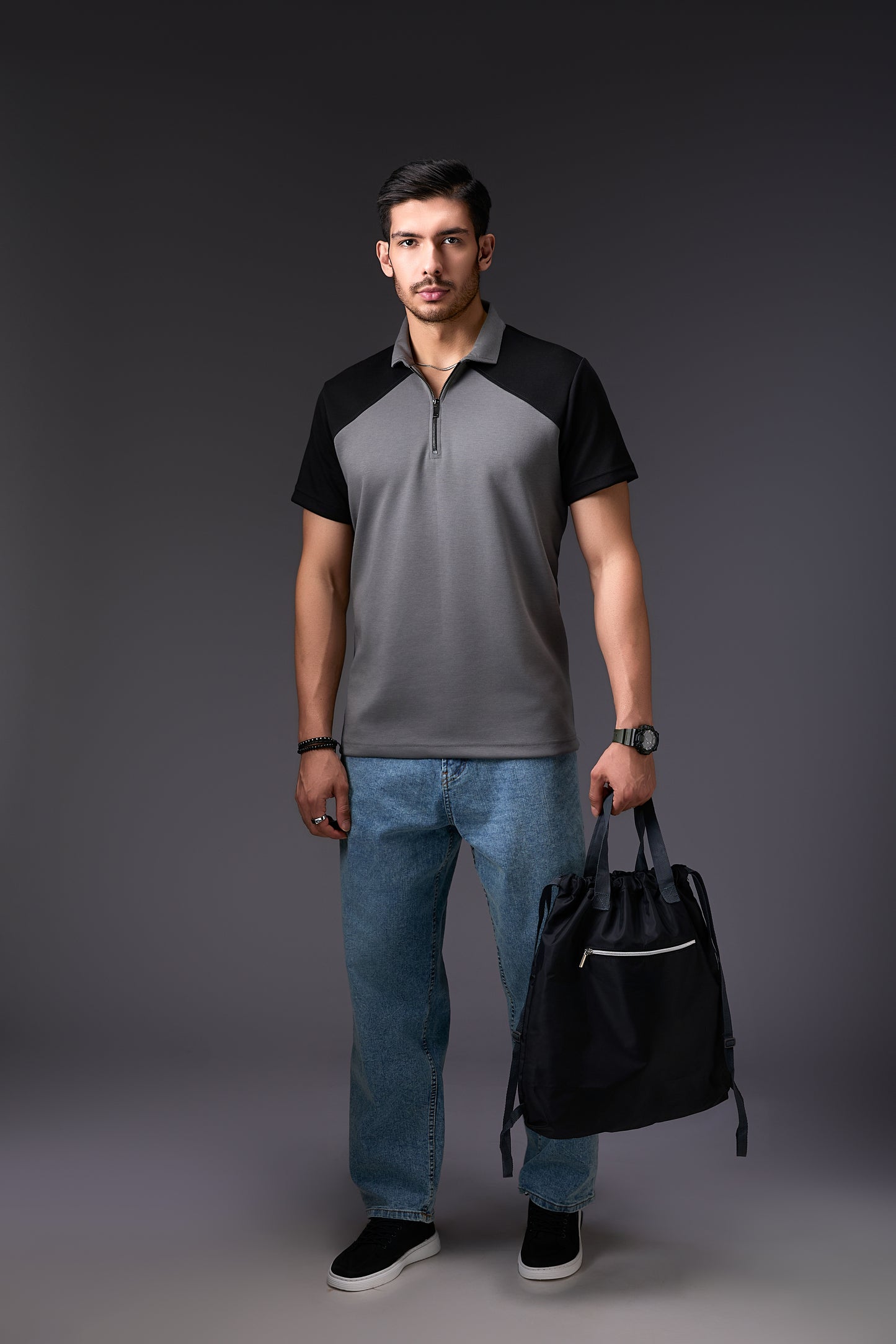 Tailored Panelled Black & Grey Polo