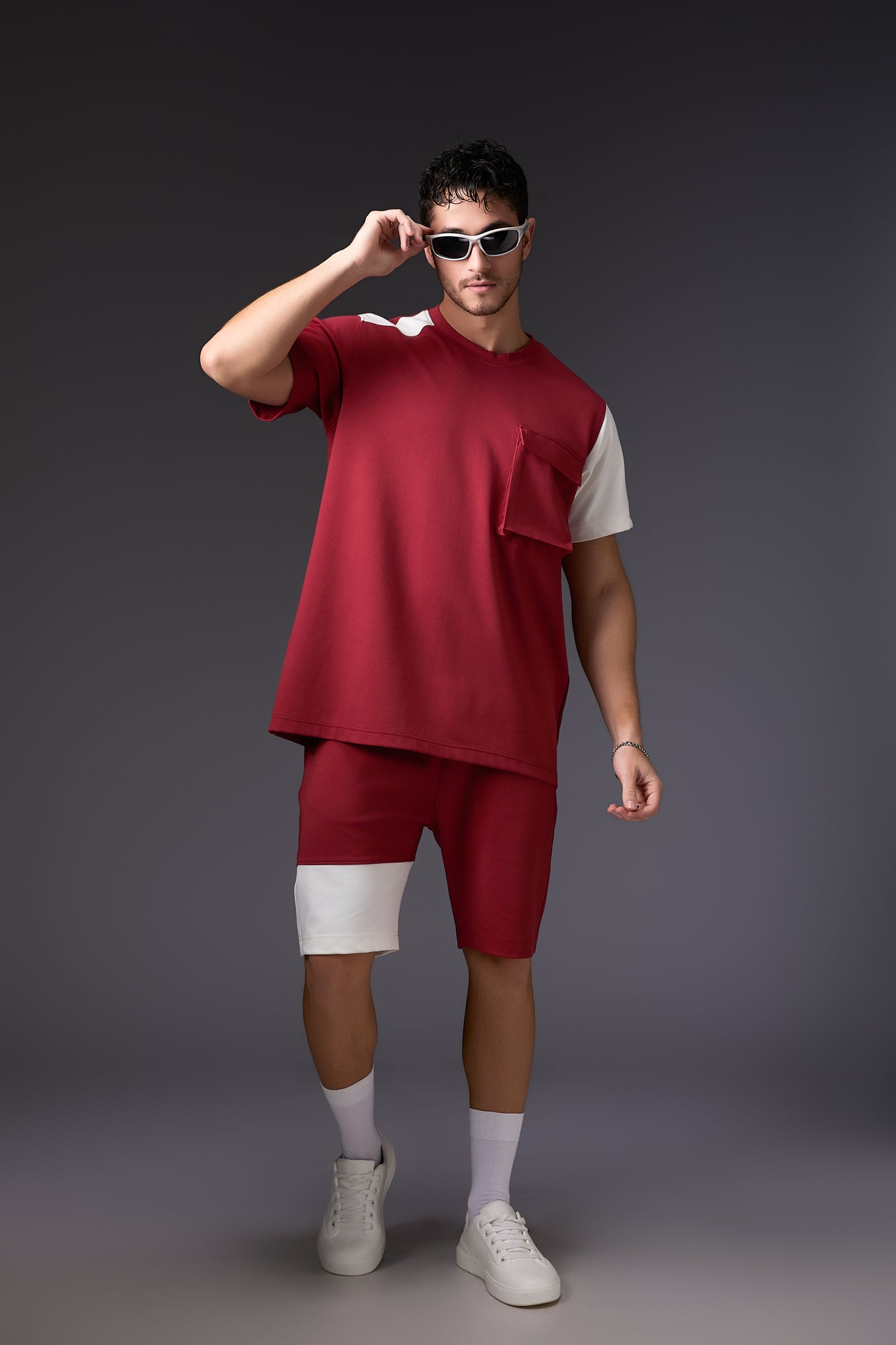 Offbeat Brick Red & White Colour Blocked Co-ord Set