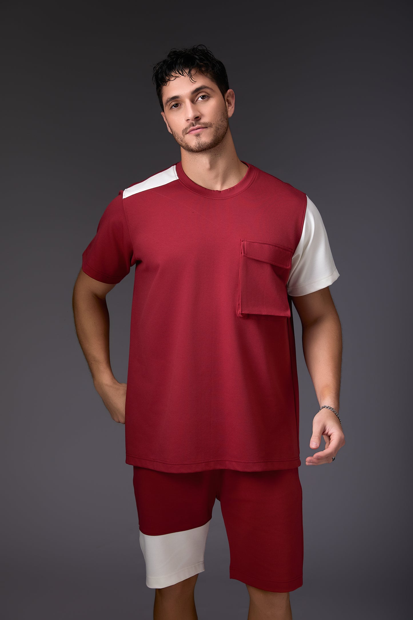 Offbeat Brick Red & White Colour Blocked Co-ord Set