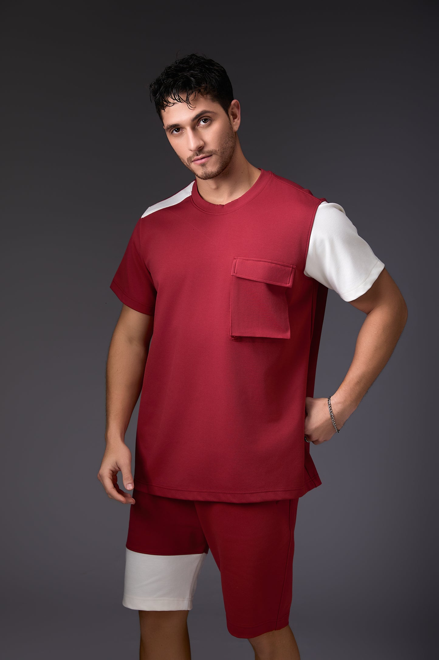 Offbeat Brick Red & White Colour Blocked Co-ord Set