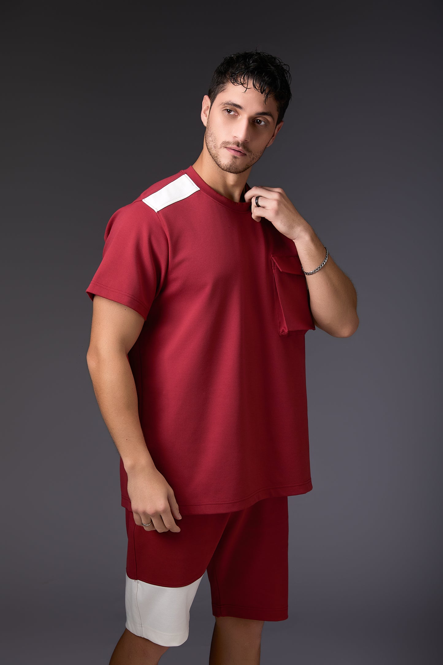 Offbeat Brick Red & White Colour Blocked Co-ord Set