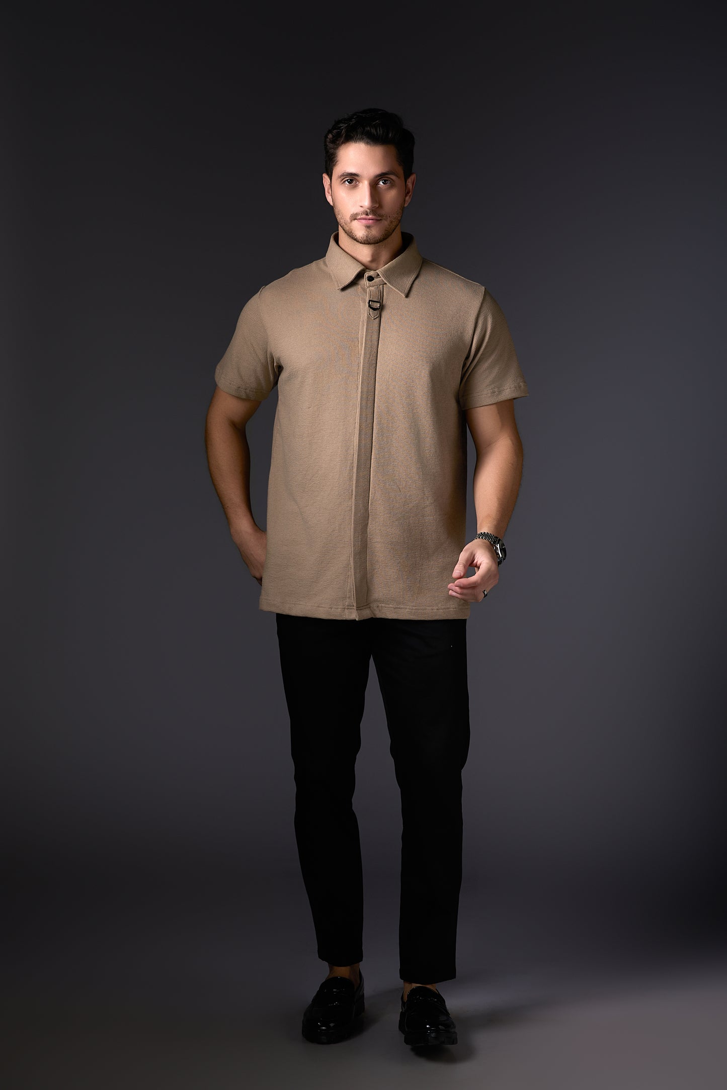 Taupe Pure Cotton Concealed Shirt
