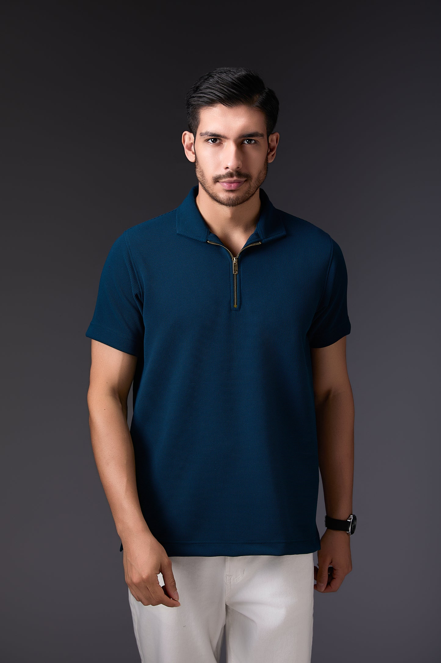 Elegant Dark Teal Blue Textured Polo T-Shirt