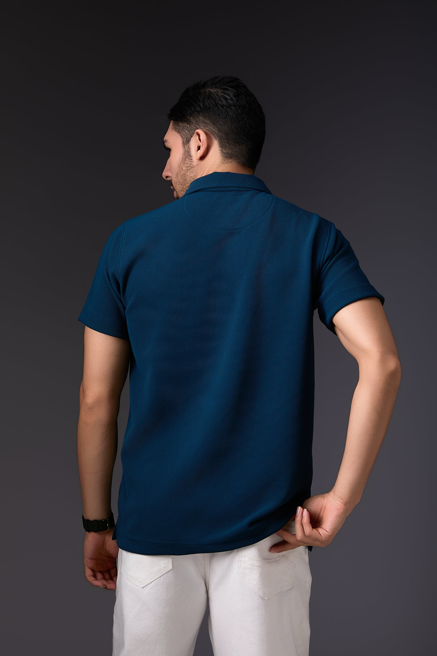 Elegant Dark Teal Blue Textured Polo T-Shirt