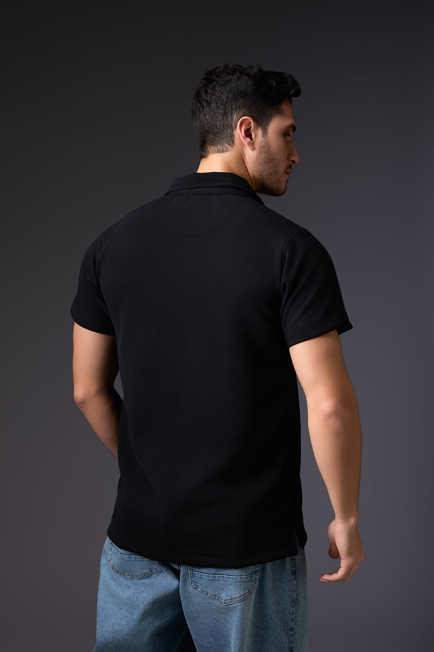 Sleek Midnight Black Textured Polo T-Shirt