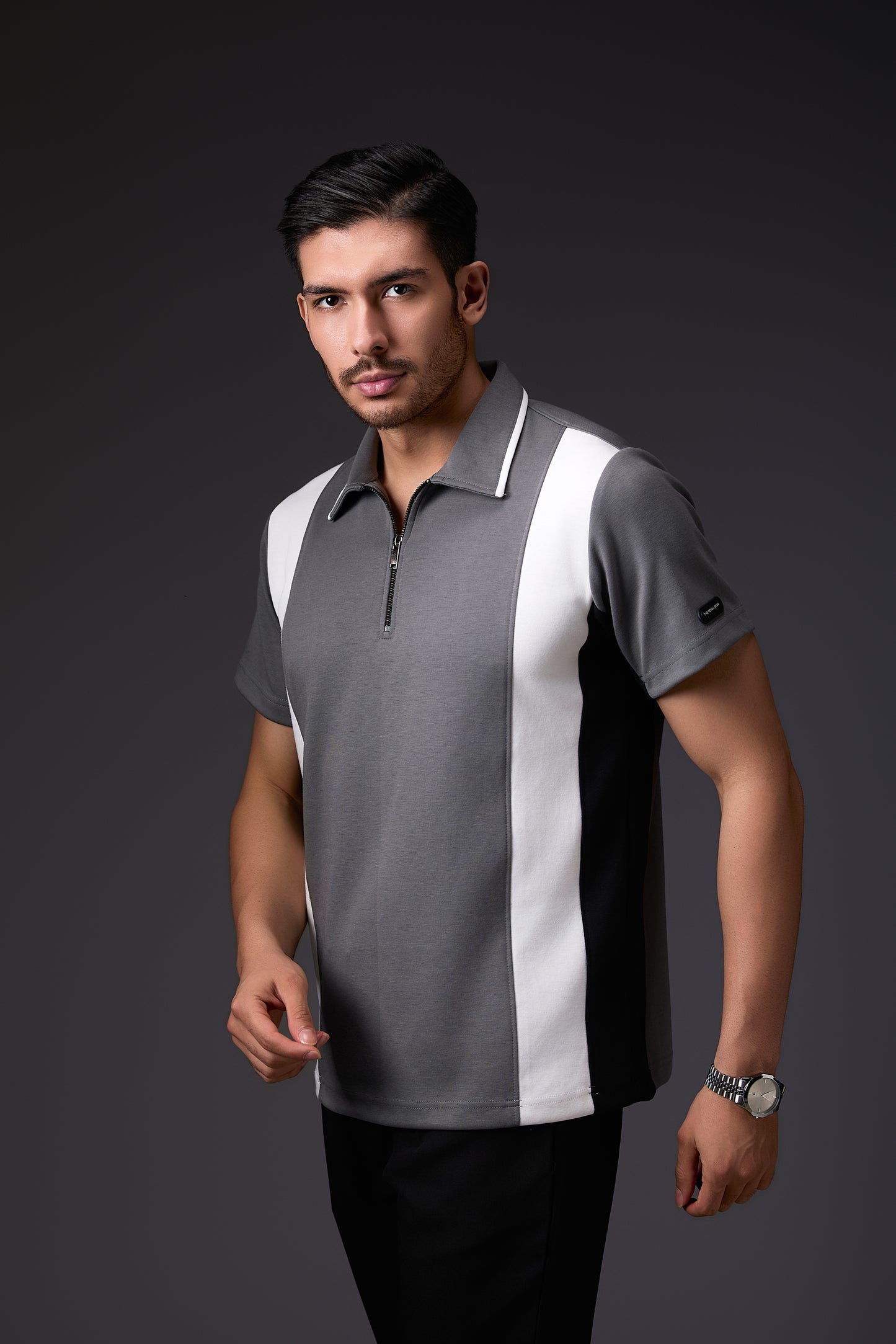 Tailored Panelled White & Grey Polo