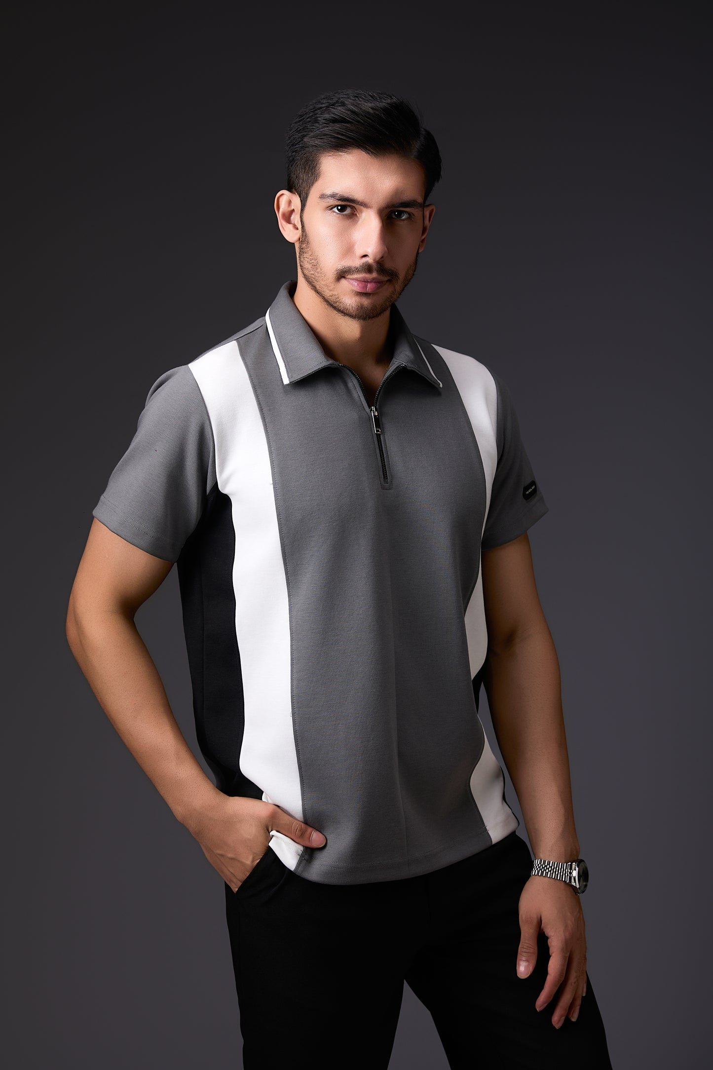 Tailored Panelled White & Grey Polo