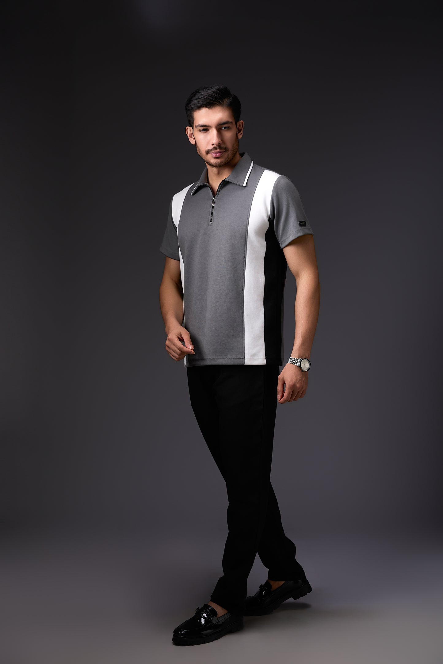 Tailored Panelled White & Grey Polo