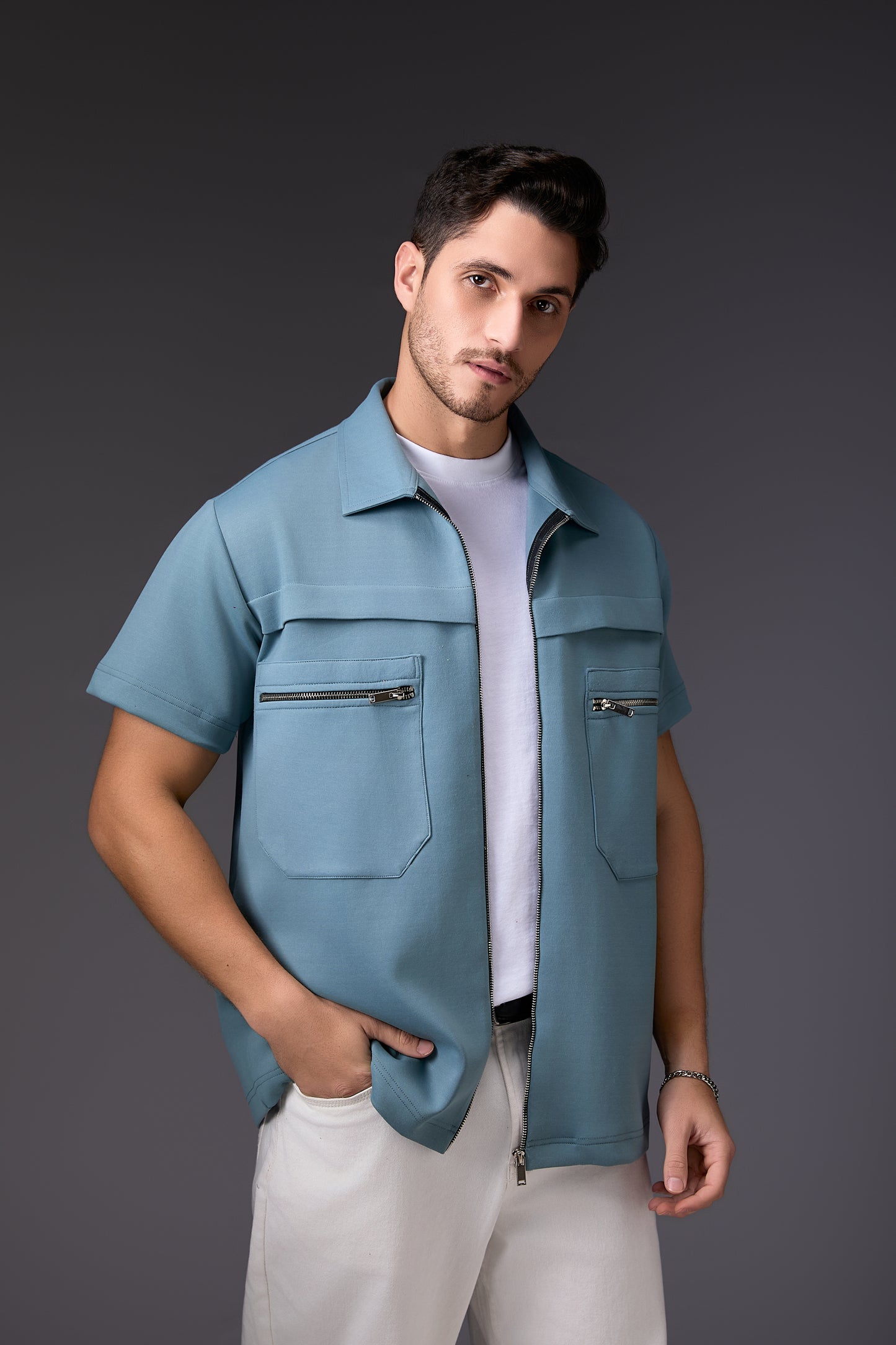Innovative Mint Blue Half Sleeve Shacket