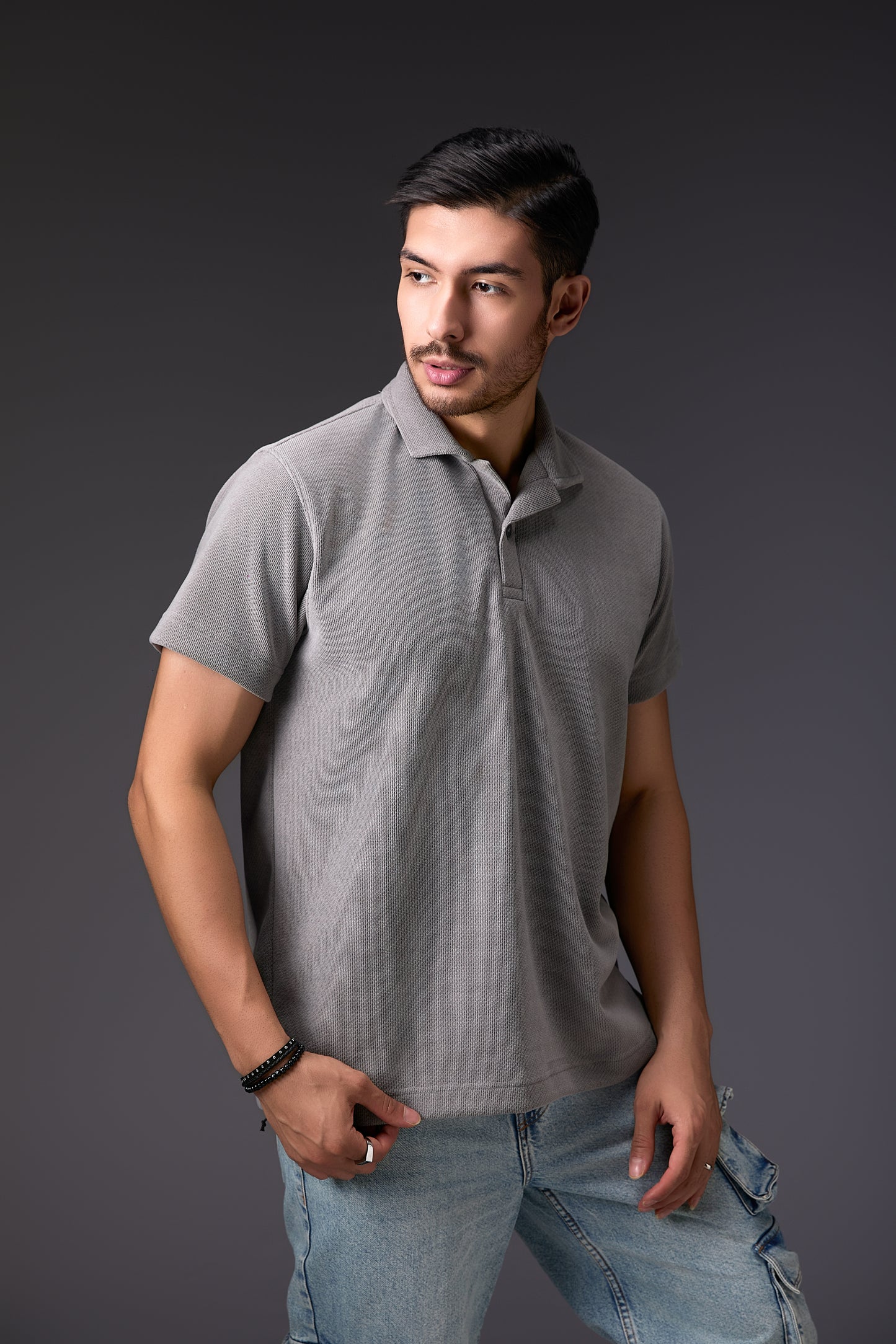 Silver Grey Corduroy-Finish Polo T-Shirt
