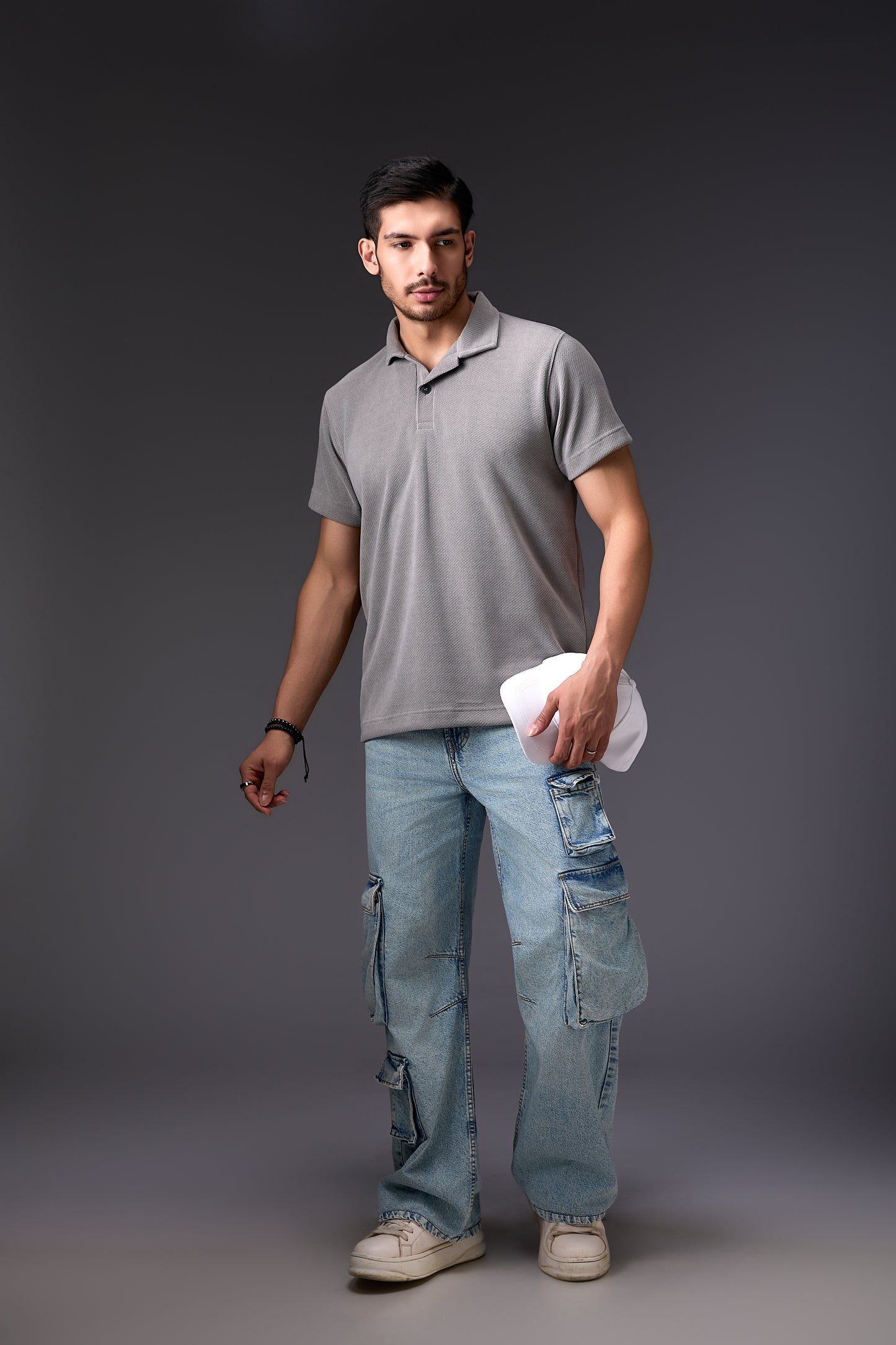 Silver Grey Corduroy-Finish Polo T-Shirt