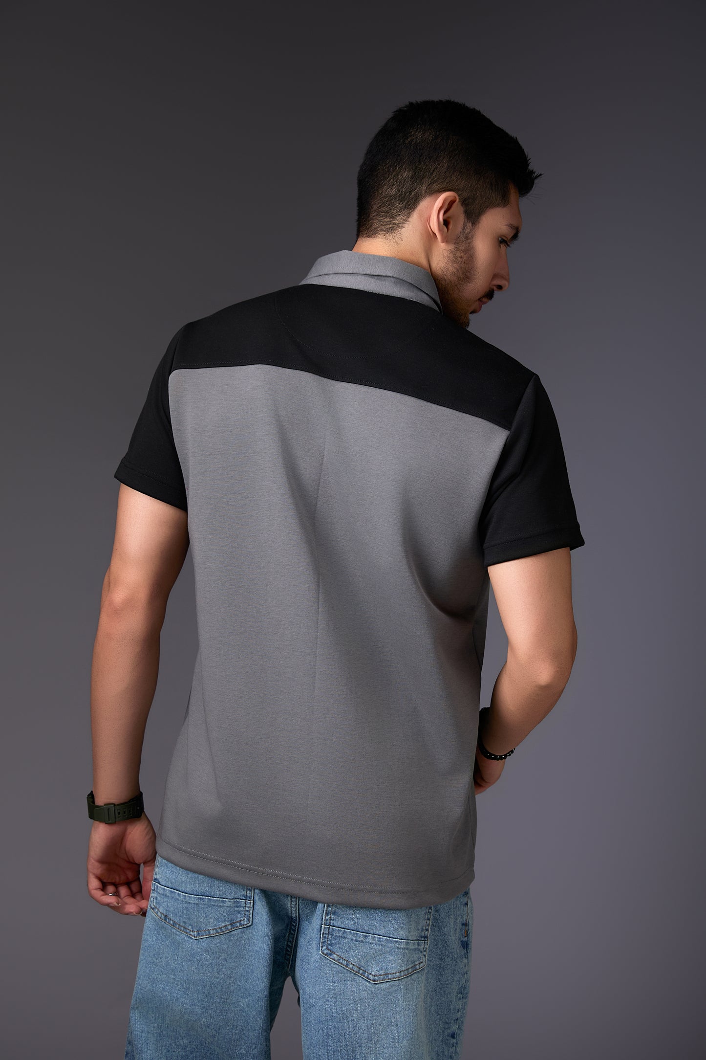 Tailored Panelled Black & Grey Polo