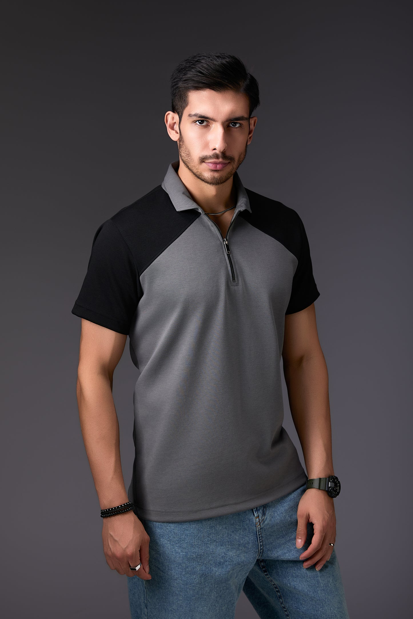 Tailored Panelled Black & Grey Polo