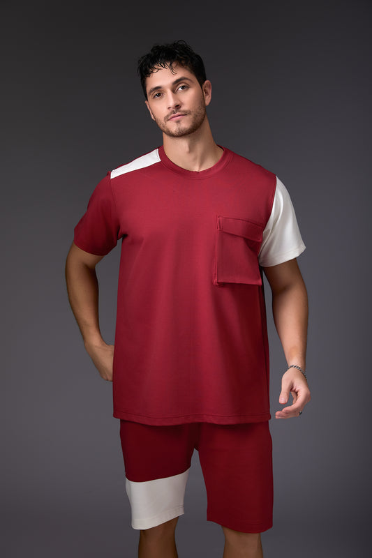 Offbeat Brick Red & White Colour Blocked Co-ord Set