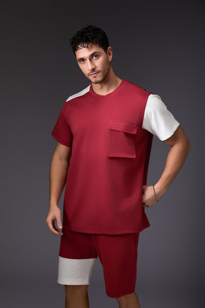 Offbeat Brick Red & White Colour Blocked Co-ord Set