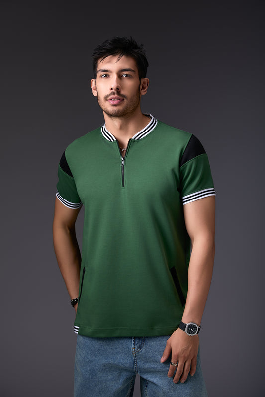 Dynamic Olive Green Varsity Collar T-Shirt