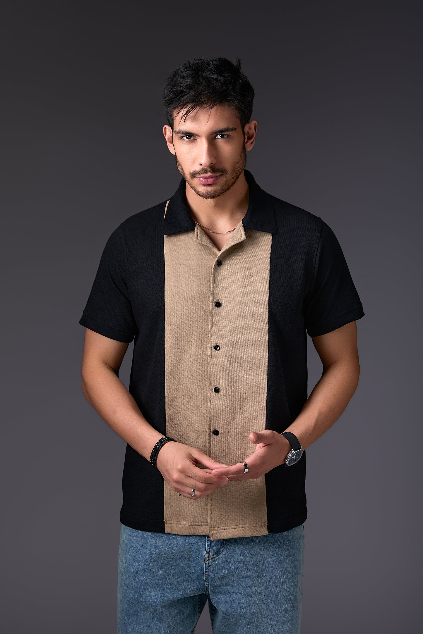 Cuban Black Panelled Shirt
