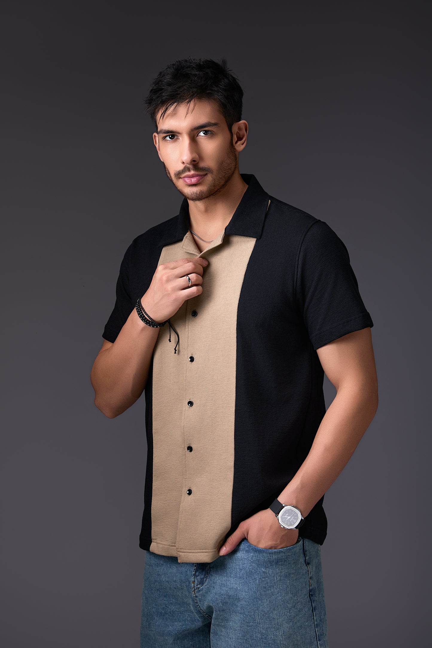 Cuban Black Panelled Shirt