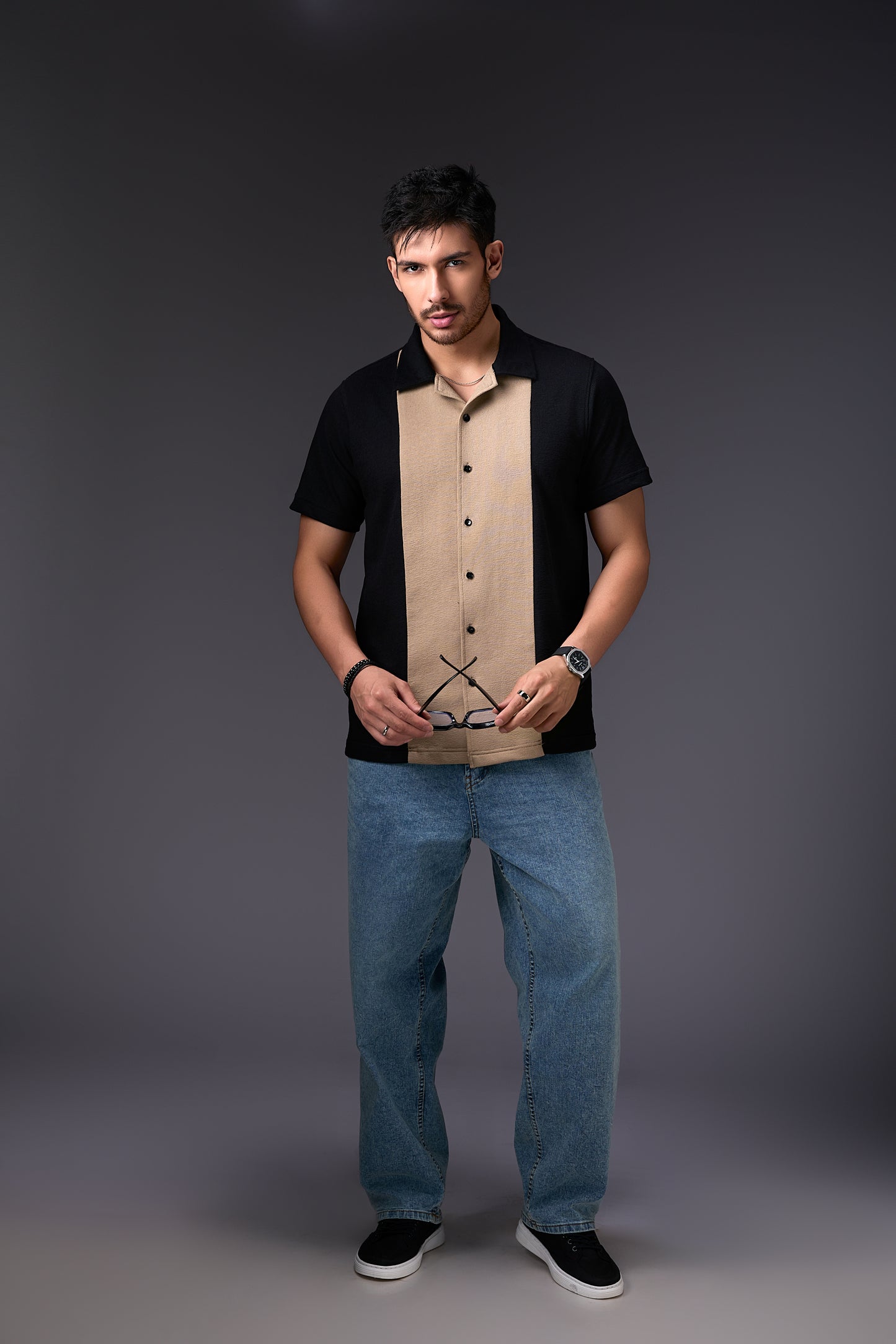 Cuban Black Panelled Shirt