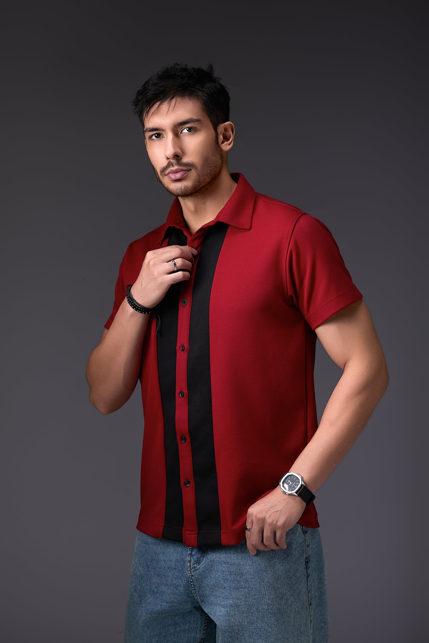 Maroon Vertical Colour Block Shirt