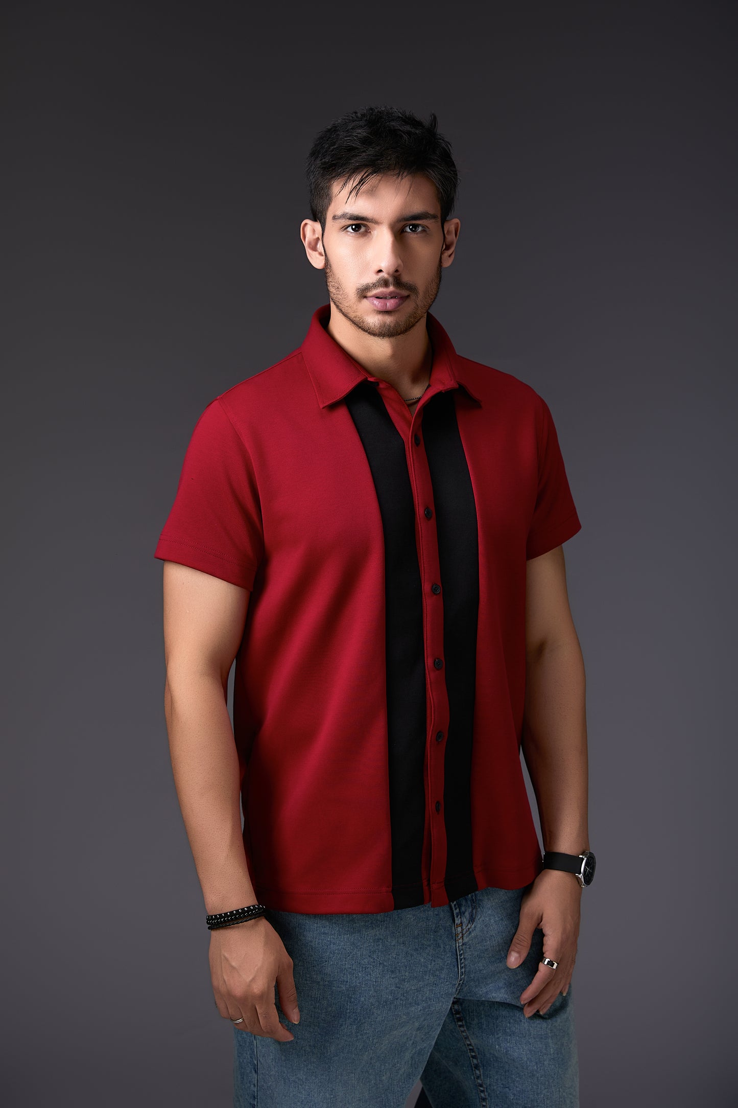 Maroon Vertical Colour Block Shirt