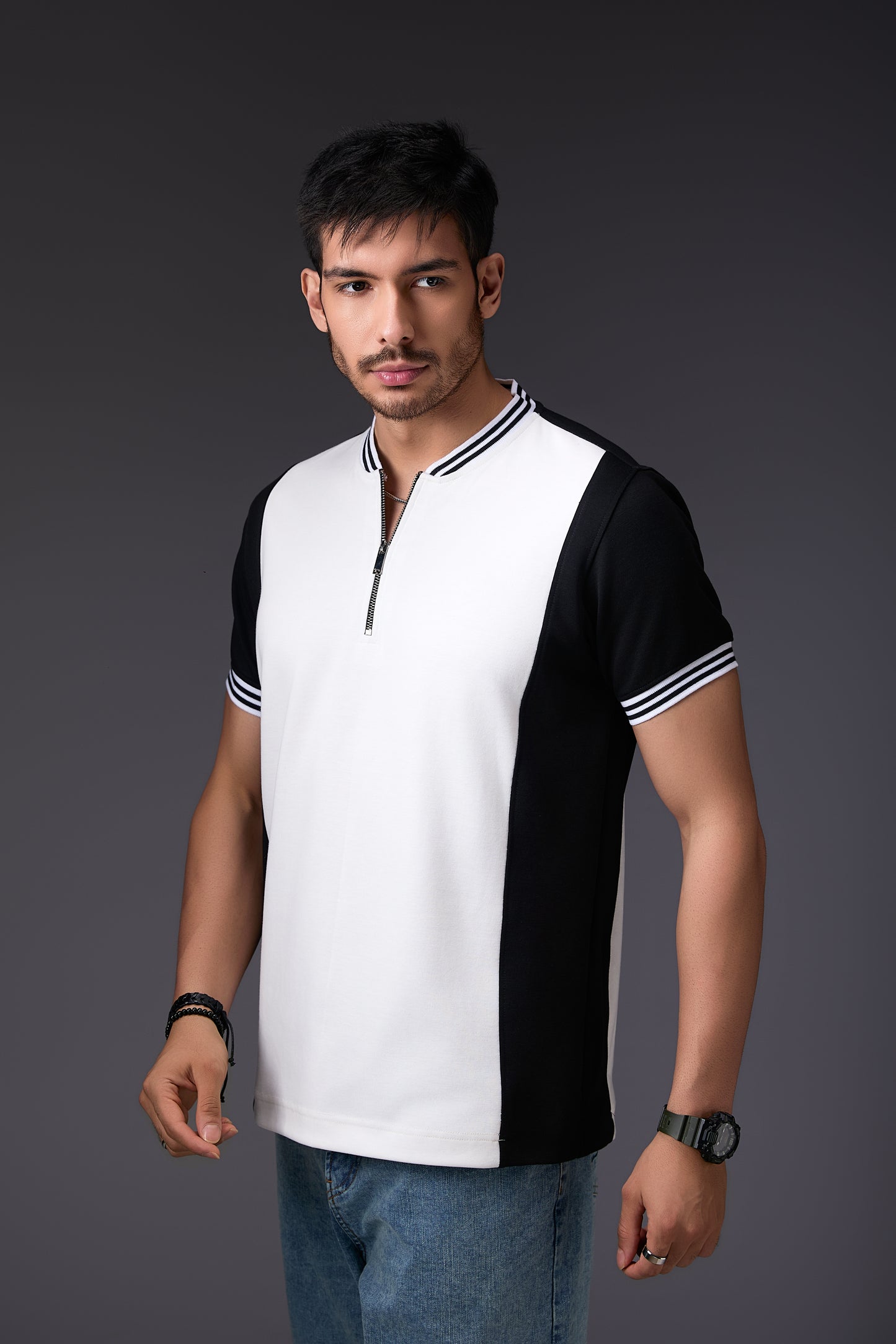 Effervescent Black & White Varsity Neck T-Shirt