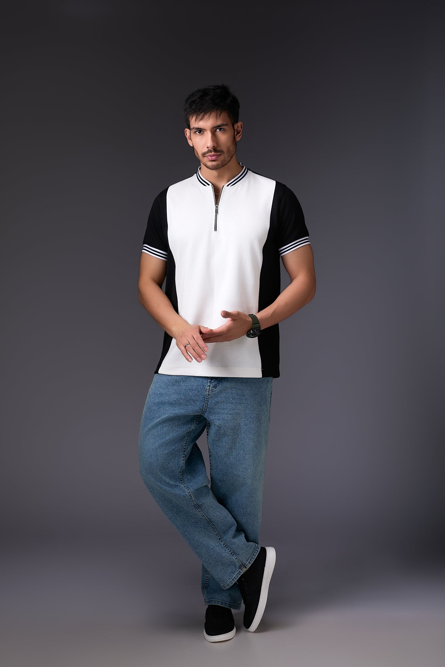 Effervescent Black & White Varsity Neck T-Shirt