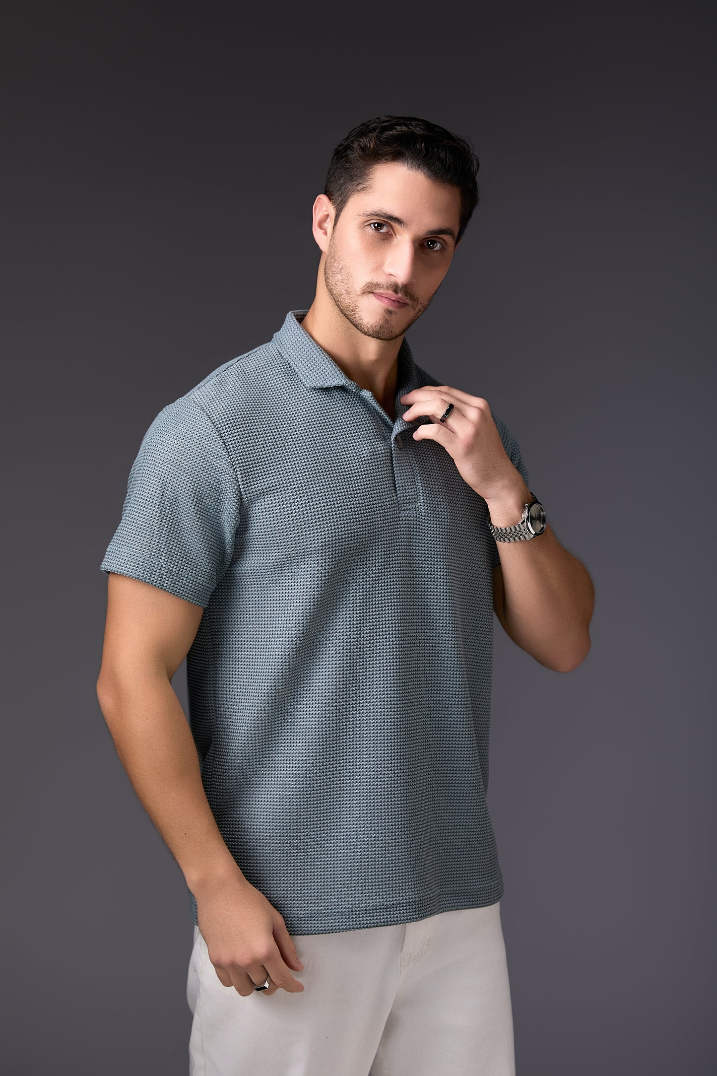 Textured Steel Grey Stretch Polo