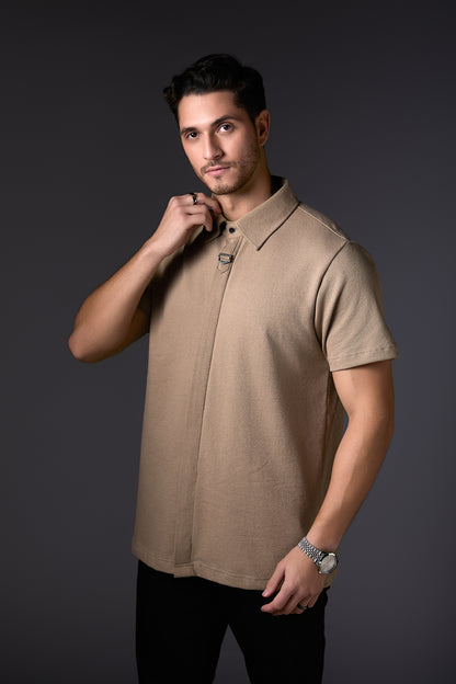 Taupe Pure Cotton Concealed Shirt