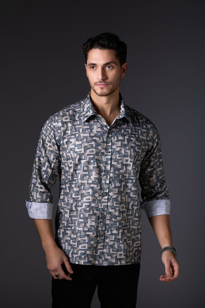 Muted Grey Digital Print Abstract Shirt