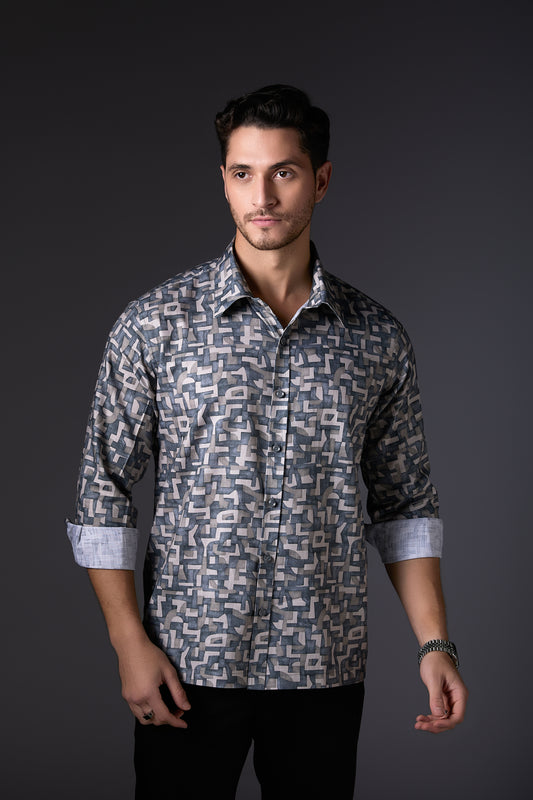 Muted Grey Digital Print Abstract Shirt