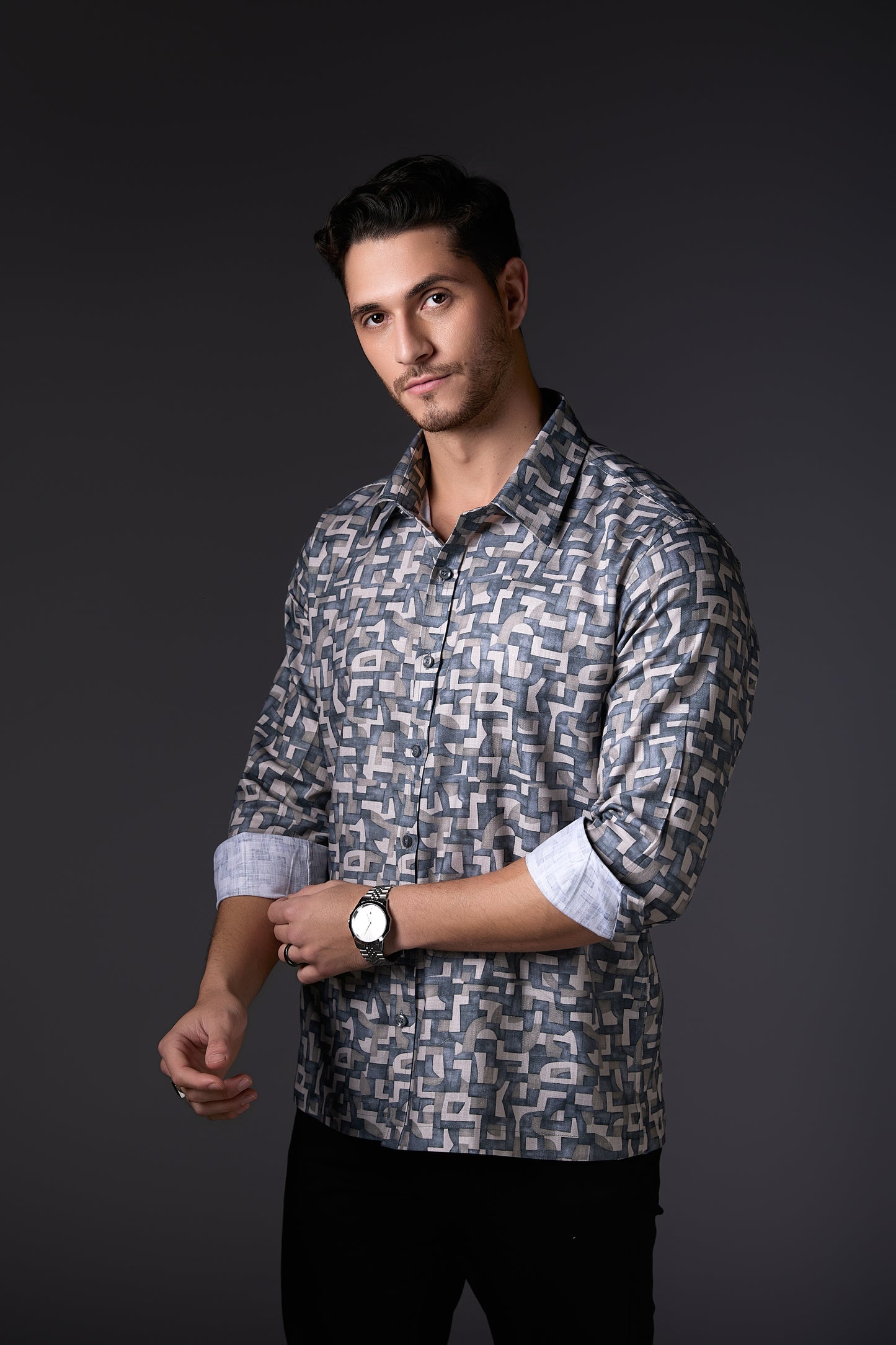 Muted Grey Digital Print Abstract Shirt