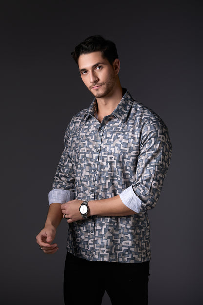 Muted Grey Digital Print Abstract Shirt