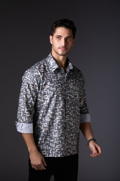 Muted Grey Digital Print Abstract Shirt