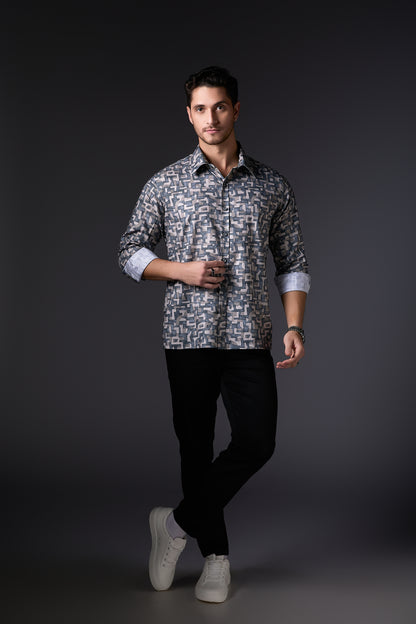 Muted Grey Digital Print Abstract Shirt