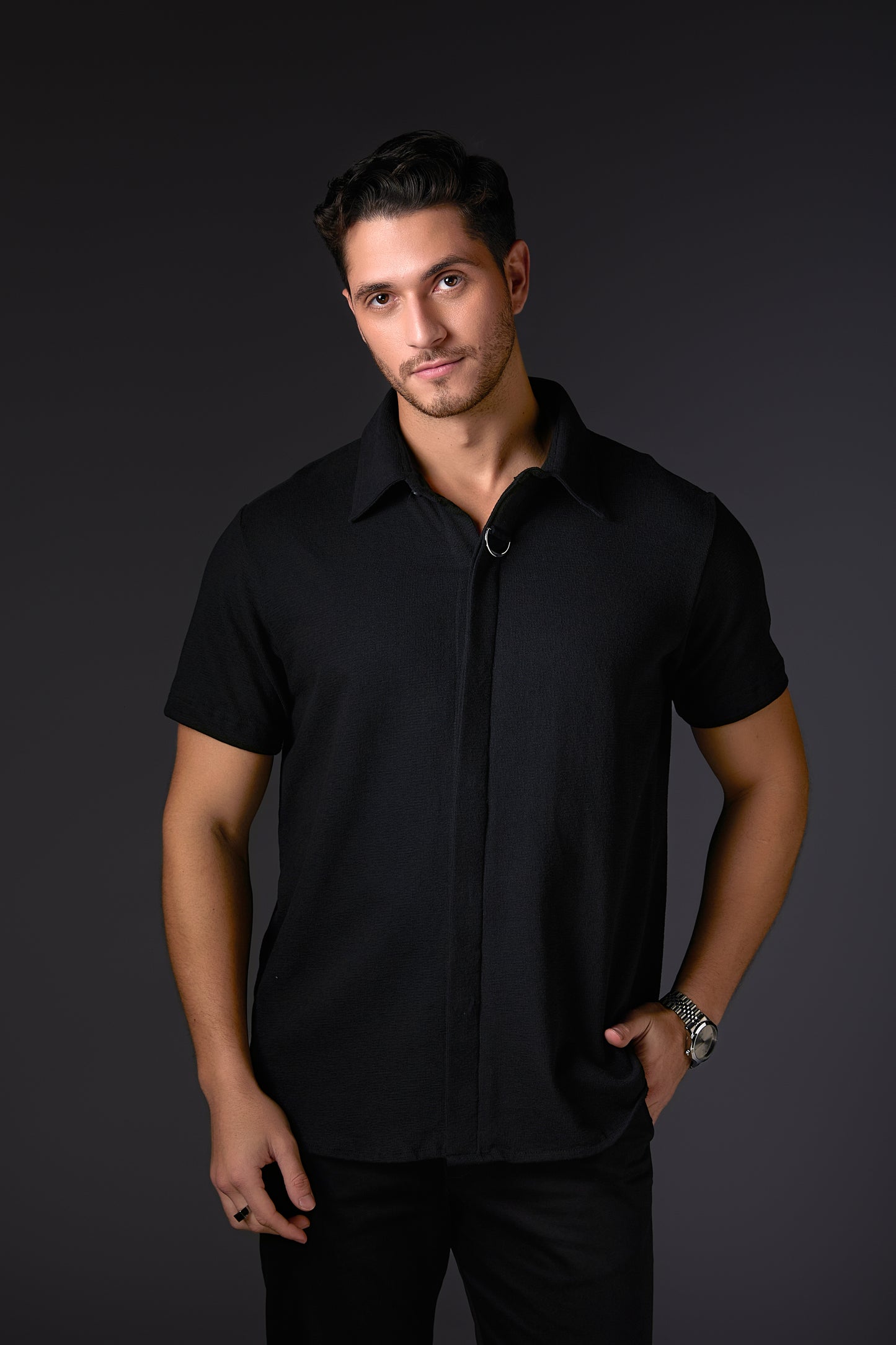 Ebony Black Cotton Concealed Shirt