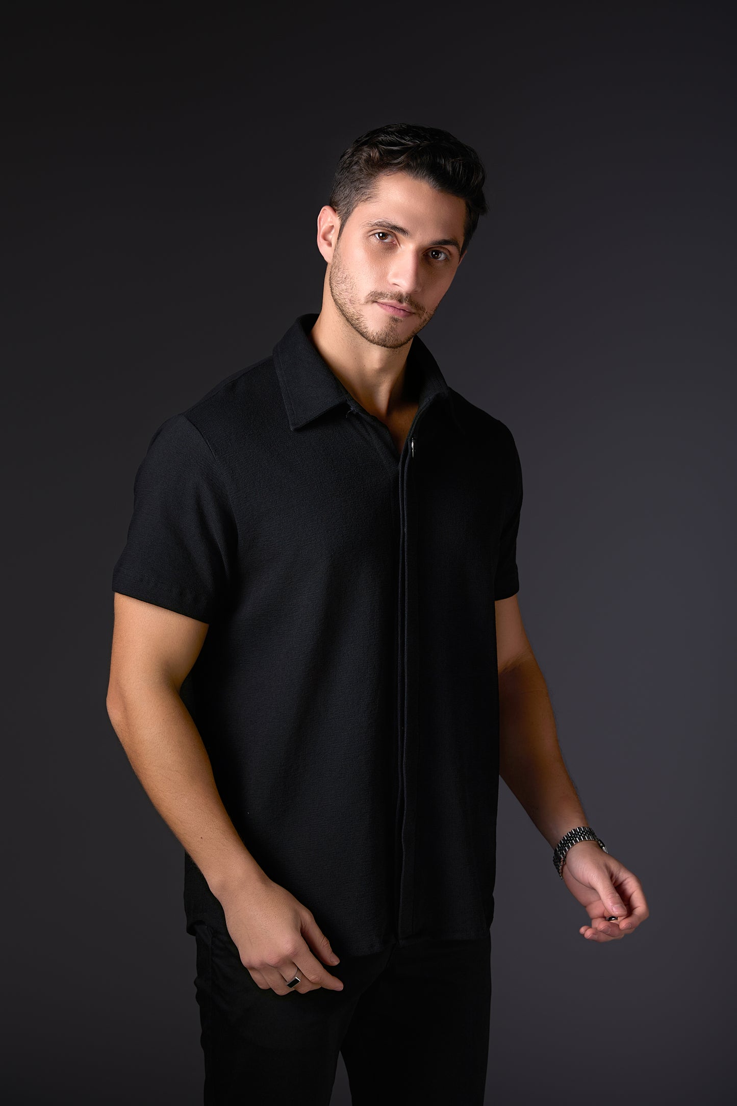 Ebony Black Cotton Concealed Shirt