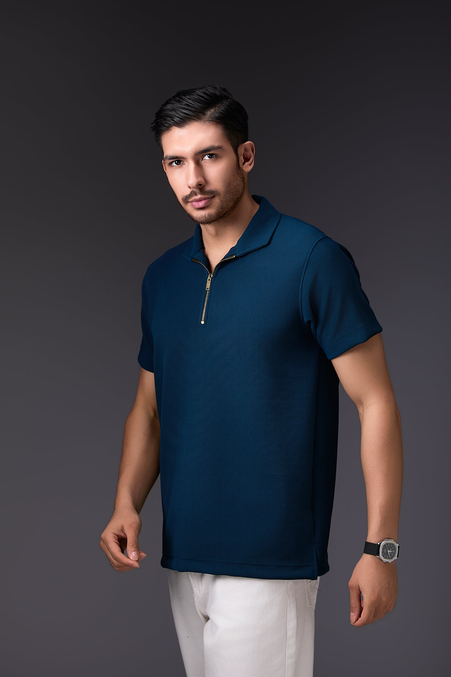 Elegant Dark Teal Blue Textured Polo T-Shirt