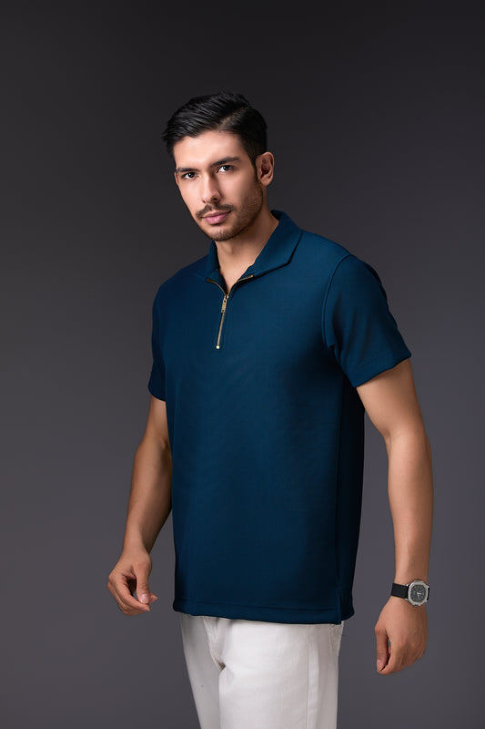 Elegant Dark Teal Blue Textured Polo T-Shirt