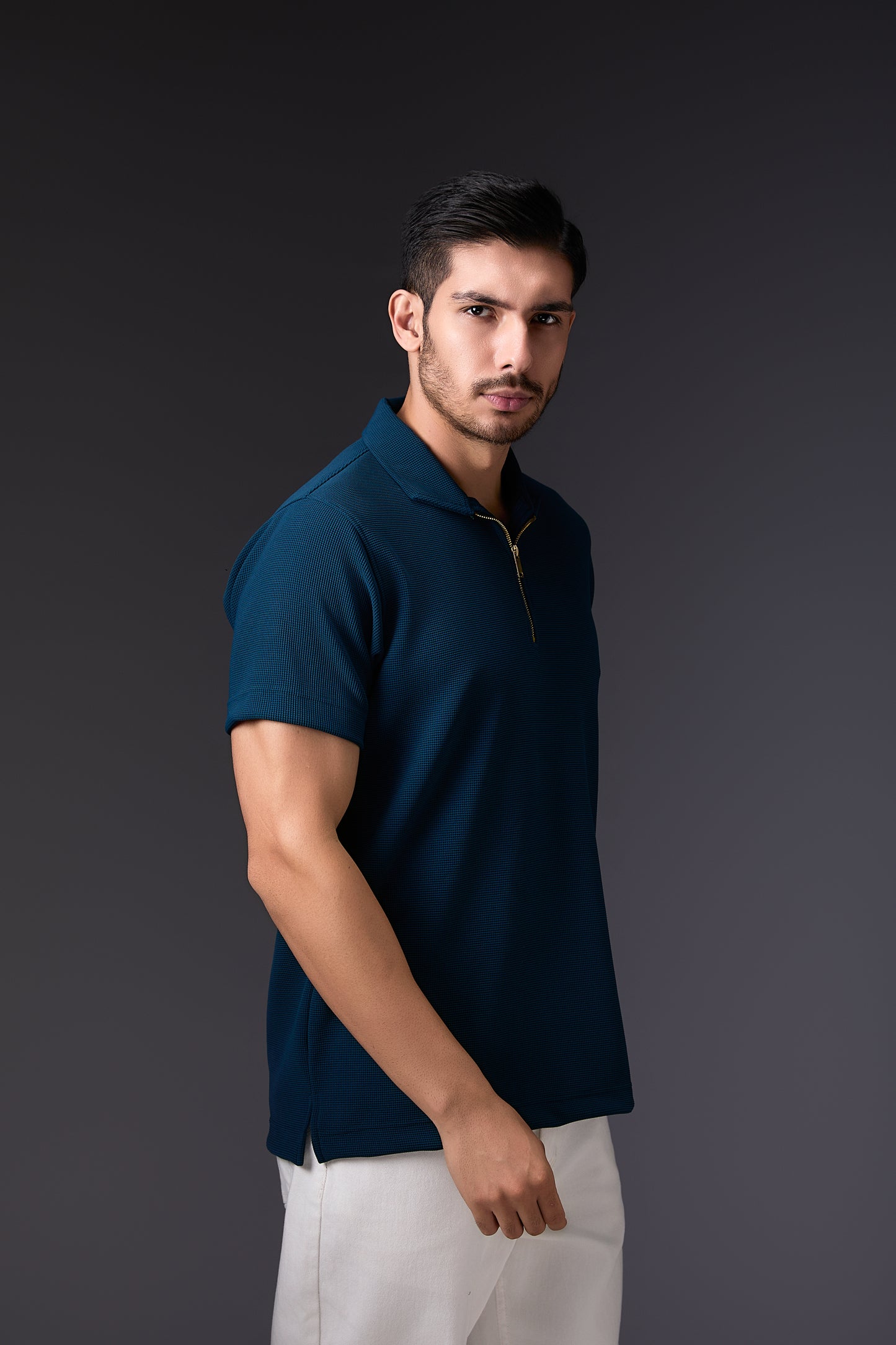 Elegant Dark Teal Blue Textured Polo T-Shirt