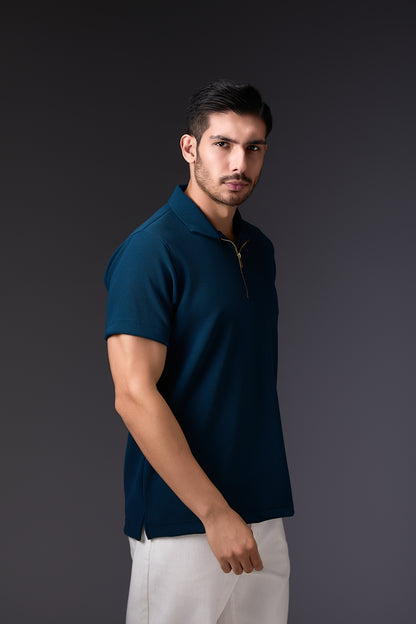 Elegant Dark Teal Blue Textured Polo T-Shirt