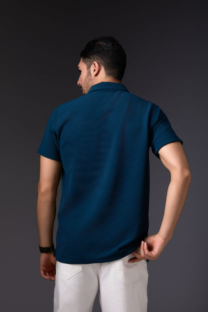 Elegant Dark Teal Blue Textured Polo T-Shirt