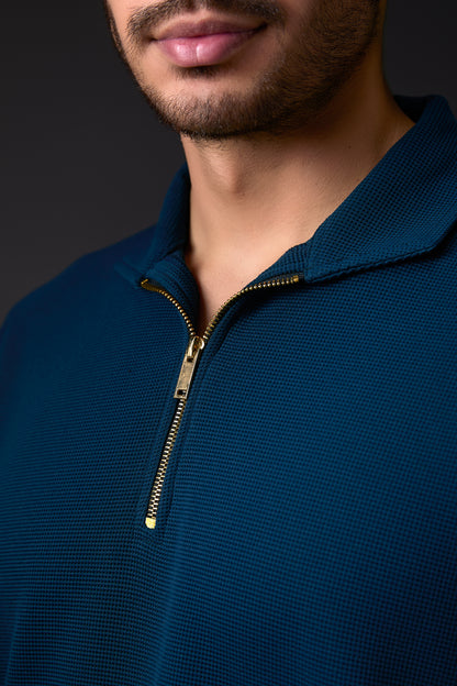 Elegant Dark Teal Blue Textured Polo T-Shirt