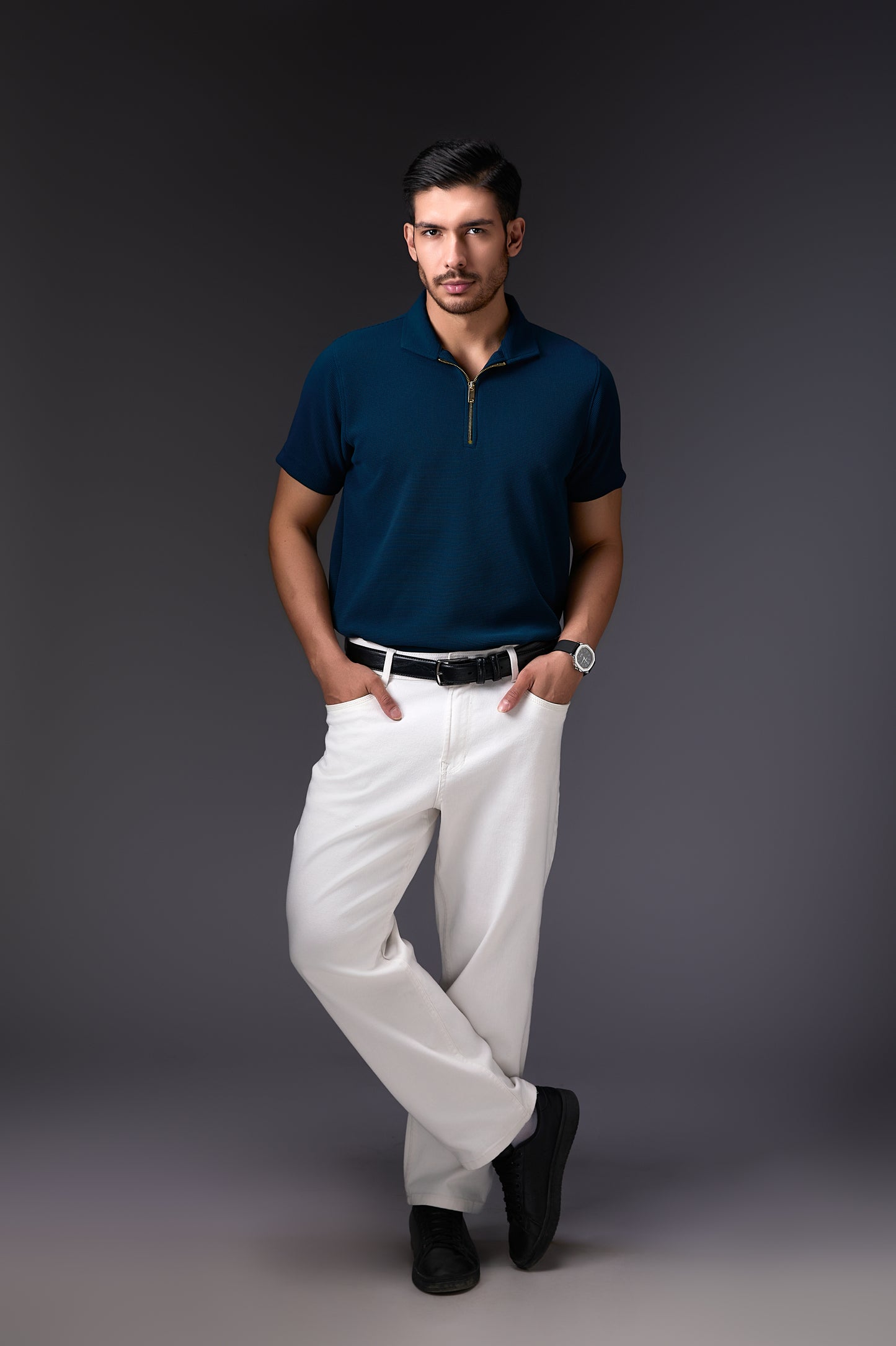 Elegant Dark Teal Blue Textured Polo T-Shirt
