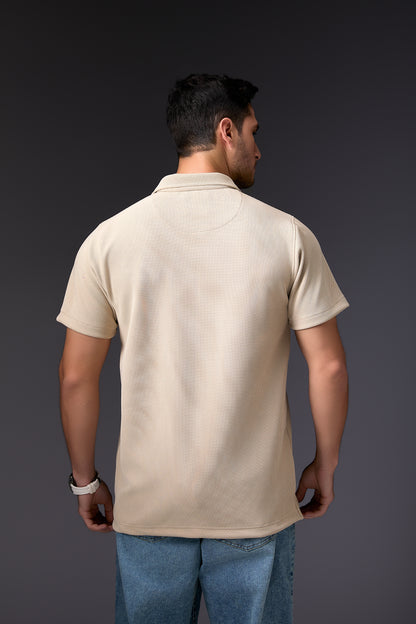 Refined Textured Walnut Cream Textured Polo T-Shirt