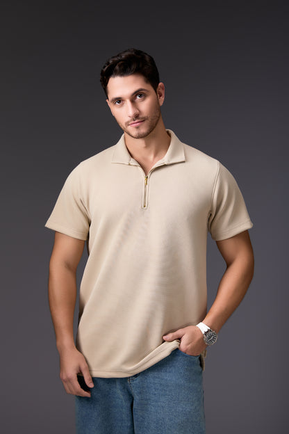 Refined Textured Walnut Cream Textured Polo T-Shirt