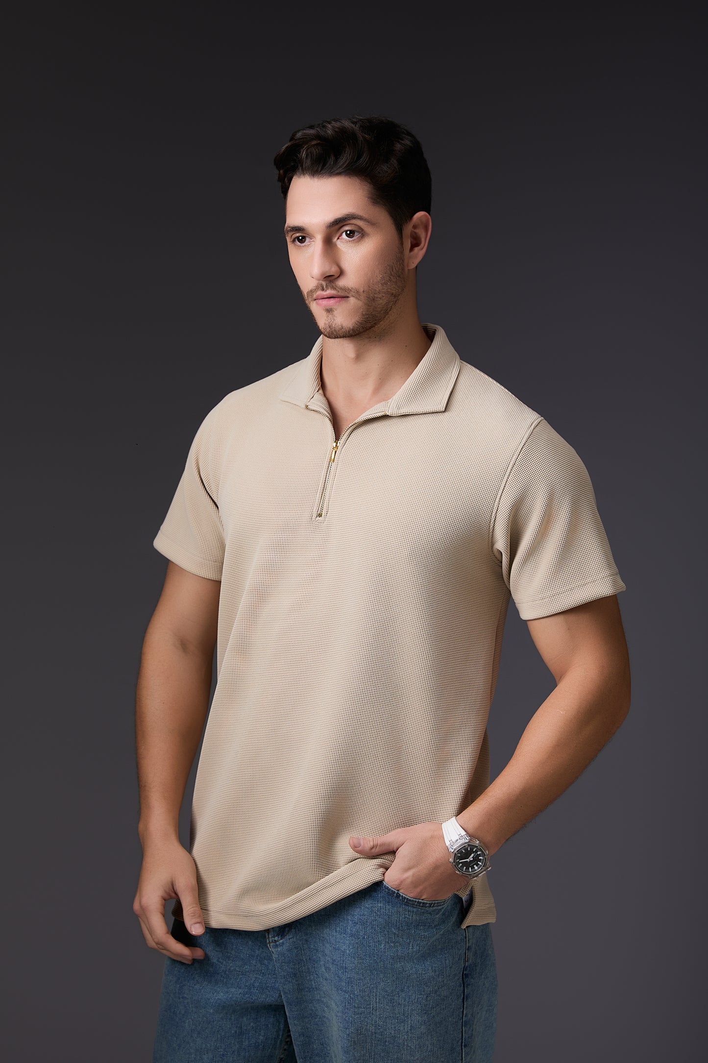 Refined Textured Walnut Cream Textured Polo T-Shirt