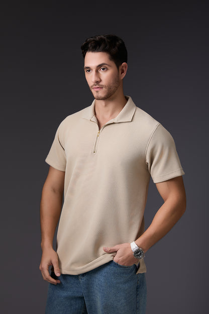 Refined Textured Walnut Cream Textured Polo T-Shirt