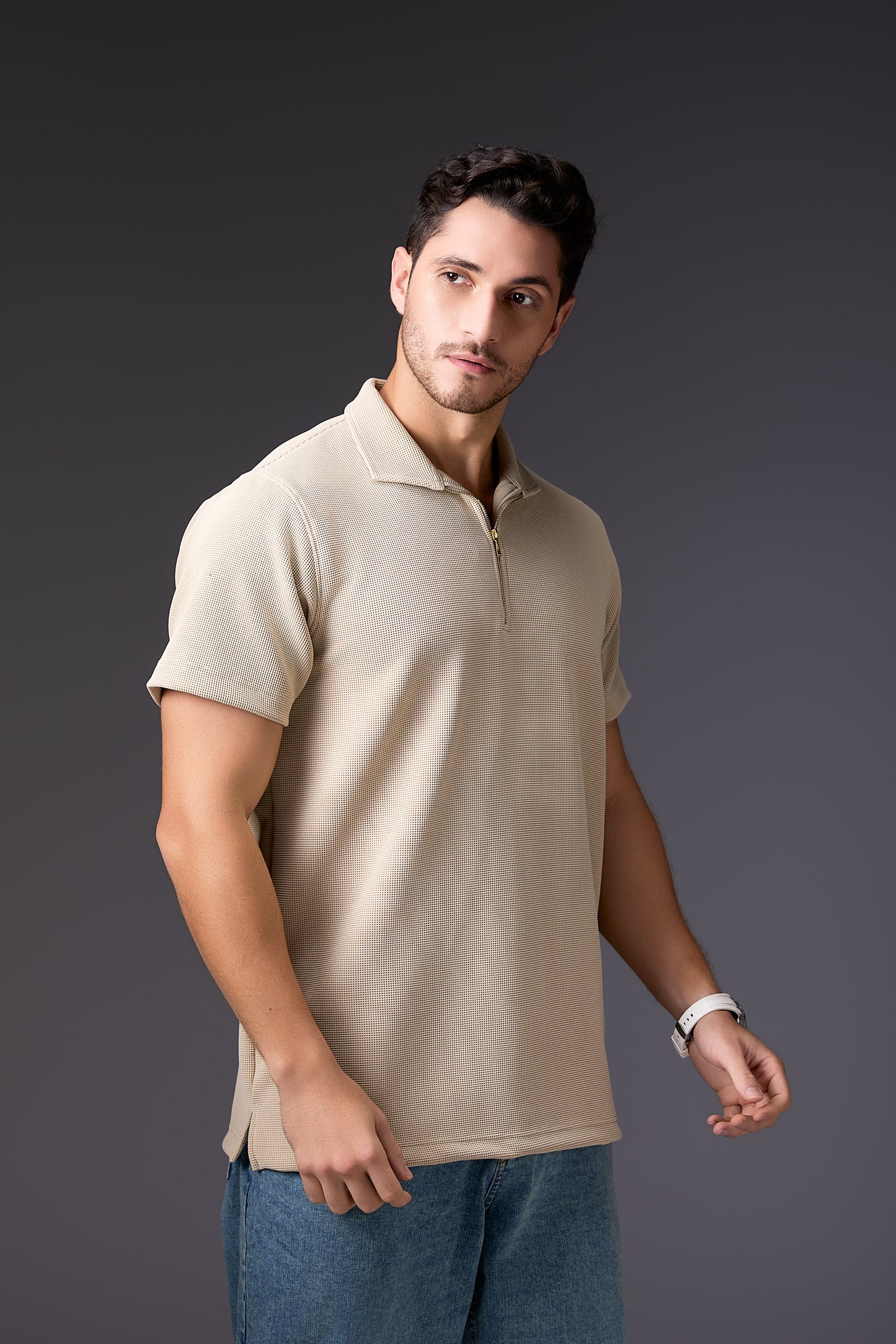 Refined Textured Walnut Cream Textured Polo T-Shirt