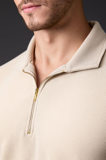 Refined Textured Walnut Cream Textured Polo T-Shirt